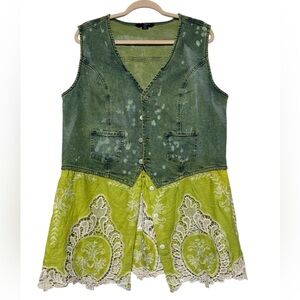 Vtg Retro Denim Jean Vest Lime Green Chartreuse Lace Size XL‎ Hippie Gypsy Boho